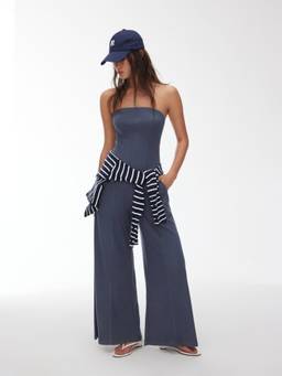 Cider - High Stretch Ribbed Women's Strapless Straight Leg Jumpsuit Navy Blue