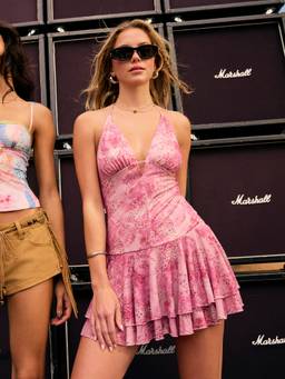 Cider - Mesh Floral Women's Ruffle Hem Halter Neck Mini Dress Pink
