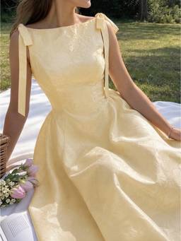 Cider - Jacquard Women's Boat Neck Bow Back Flared Maxi Dress Yellow