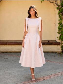 Cider - Jacquard Women's Bow Backless Boat Neck Flared Maxi Dress Pink