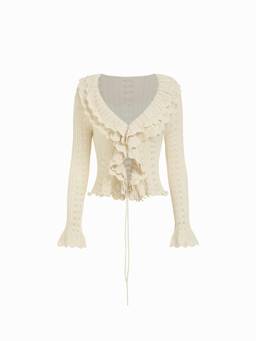 Cider - Knit Women's Tie-Up Ruffled Open-Front Cardigan Beige