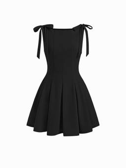 Cider - Bowknot Women's Sleeveless Boat Neck Pleated Flared Mini Dress Black