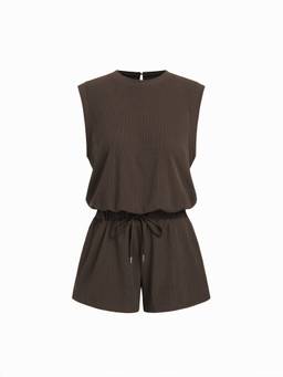 Cider - Ribbed Women's Round Neck Drawstring Romper Brown