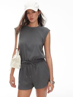 Cider - Ribbed Women's Round Neck Drawstring Mid Rise Romper Dark Grey