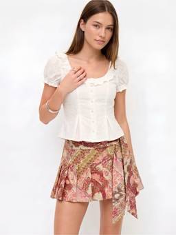 Cider - Paisley Print Women's Low Rise Tie-Up Pleated Mini Skirt Pink