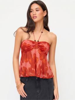 Cider - Chiffon Floral Women's Ruched Halter Neck Blouse Red
