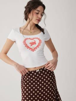 Cider - Cotton Blend Women Graphic Lace Trim Square Neck Tee Cream