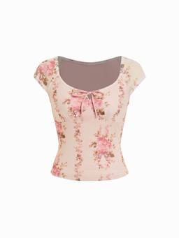 Cider - Ditsy Floral Women’s Scoop Neck Knotted Tee Pink