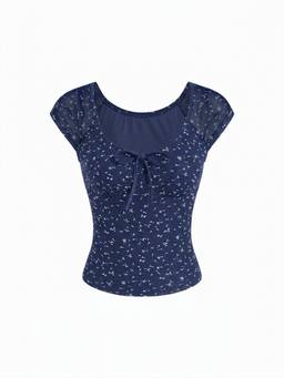 Cider - Ditsy Floral Women Scoop Neck Tie-Up Short Sleeve Top Navy Blue