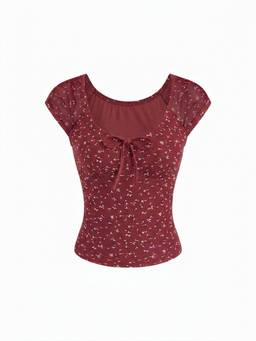 Cider - Ditsy Floral Women’s Scoop Neck Tie-Up Top Wine