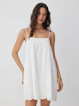 Cider - Broderie Anglaise Women Square Neck A-Line Mini Dress White