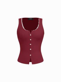 Cider - Cotton Blend Women Lace Trim Scoop Neck Tank Top Wine