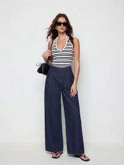Cider - Washed Denim Women's Low Rise Pleated Wide-Leg Trousers Navy Blue