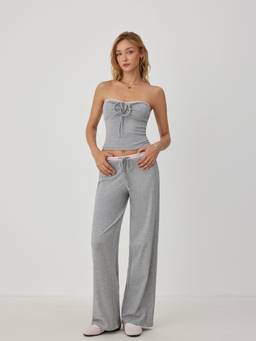 Cider - Cotton Blend Women's Drawstring Bandeau Pant Set Grey