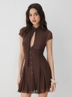 Cider - Mesh Women's High Neck Draped A-Line Mini Dress Coffee
