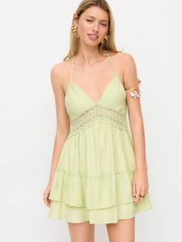 Cider - Women's Halter V-Neck Backless Lace A-Line Mini Dress Light Green