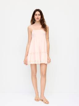 Cider - Chiffon Lace Trim Women's Smocked Mini Dress Pink