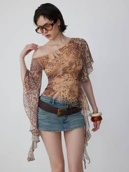 Cider - Abstract Leopard Women's Ruffled One-Shoulder Asymmetric Top Brown