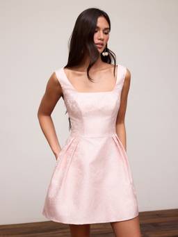 Cider - Jacquard Women's Square Neck Bow Flared Mini Dress Pink