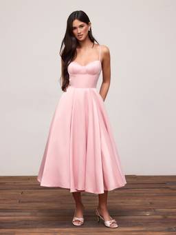 Cider - Satin Sculptural Women Sweetheart Flared Maxi Dress Pink