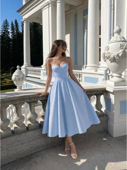 Cider - Satin Sculptural Women's Sweetheart Flared Maxi Dress Sky Blue