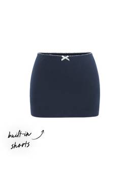 Cider - Cotton Blend Women Low-Rise Bowknot Bodycon Mini Skirt Navy Blue