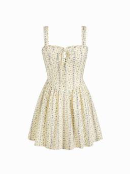 Cider - Cotton Blend Women Floral Square Neck Ruffled Mini Dress Yellow