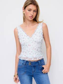 Cider - Floral Lace Women's V-Neck Ruffle Hem Crop Top Blue