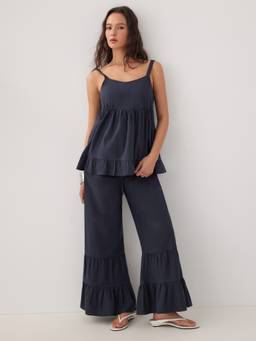 Cider - Linen-Blend Women’s Ruffled Sweetheart Pant Set Navy Blue