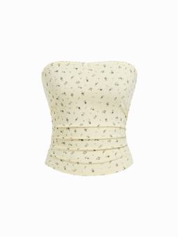 Cider - Pointelle Women’s Floral Ruched Bow Bandeau Crop Top Yellow