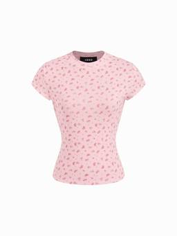 Cider - Cotton Blend Women's Floral Round Neck Short Sleeve T-Shirt Pink