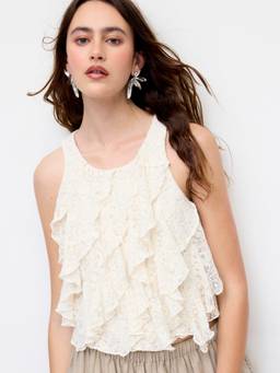 Cider - Lace Women's Ruffled Scoop Neck Sleeveless Top Cream