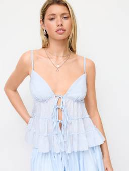 Cider - Sweetheart Neck Women's Tie-Up Ruffled Cami Blouse Blue