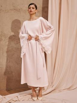 Cider - Satin Women's Boat Neck Lace Trim Flared Maxi Dress Pink