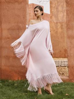 Cider - Satin Women's Asymmetrical Fringe Cloak Sleeve Maxi Dress Pink