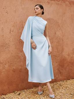 Cider - Satin Women's Draped Asymmetrical Stand Collar Maxi Dress Blue