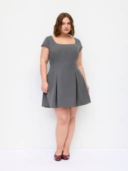 Cider - Woven Square Neck Women's Pleated A-Line Mini Dress Grey