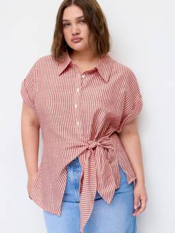 Cider - Linen Blend Women's Striped Asymmetrical Tie-Front Blouse Red