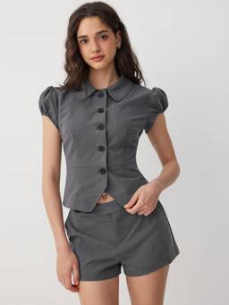 Cider - Puff Sleeve Women's Collar Crop Top & Shorts Set Grey