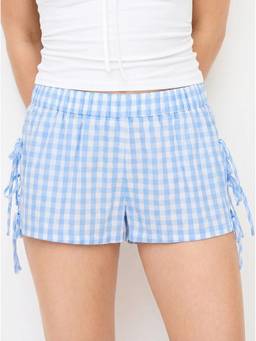 Cider - Gingham Women's Mid-Waist Drawstring Micro Shorts Light Blue