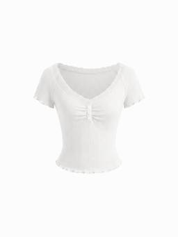 Cider - Textured Women's Ruched V-Neck Short Sleeve Tee Beige
