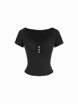Cider - Textured Women's Ruched V-Neck Short Sleeve Tee Black
