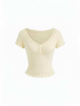 Cider - Textured Women's V-Neck Ruched Lace Trim Tee Yellow