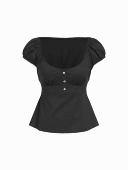 Cider - Cotton Blend Women's Scoop Neck Puff Sleeve Ruched Blouse Black
