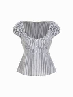 Cider - Cotton Scoop Neck Puff Sleeve Ruched Blouse Blue