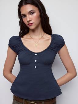 Cider - Cotton Blend Women's Scoop Neck Puff Sleeve Blouse Navy Blue