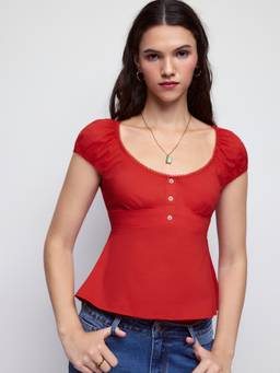Cider - Scoop Neck Women's Ruched Puff Sleeve Blouse Red