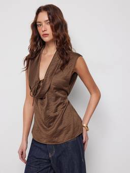 Cider - Satin Women's Tie-Front Cowl Neck Sleeveless Blouse Brown