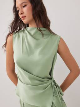 Cider - Satin Women's Stand Collar Wrap Knot Pant Set Green