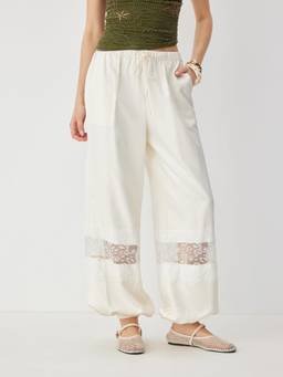 Cider - Women's Mid-Rise Lace Panel Balloon Palazzo Pants Beige